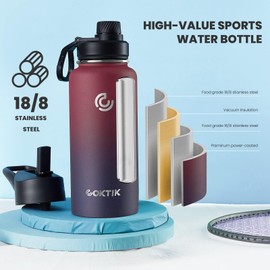 COKTIK 32 oz Sports Water Bottle With Straw,2 Lids, Stainless Steel Vacuum Insulated Water Bottles,Leakproof Lightweight, Keeps Cold and Hot, Great for Travel, Hiking, Biking, Running (Midnight)