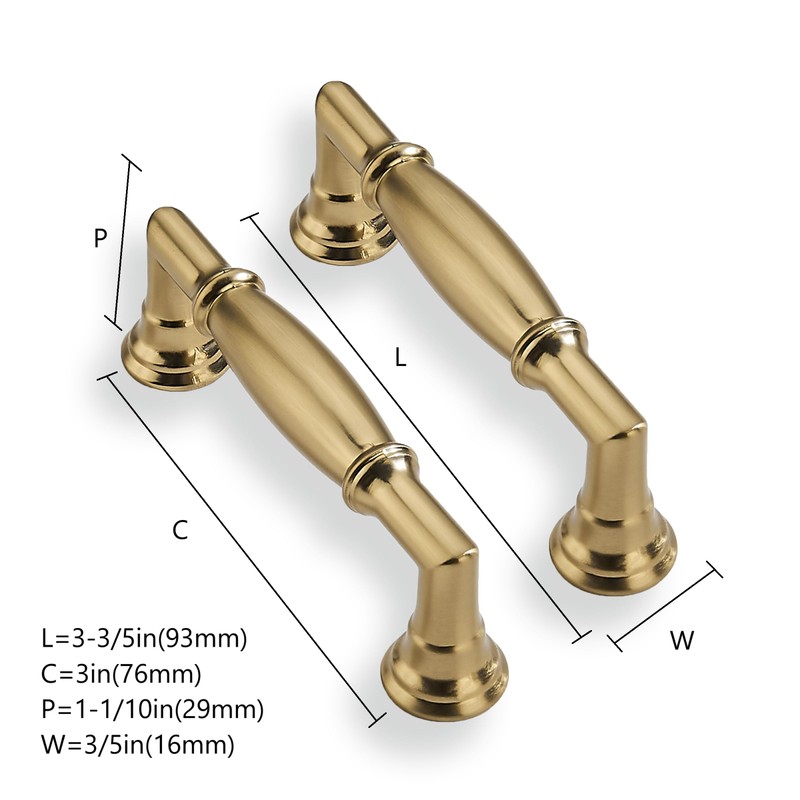 CABDM 10 Pack 3 Inch(76mm) Brushed Brass Cabinet Pulls Solid