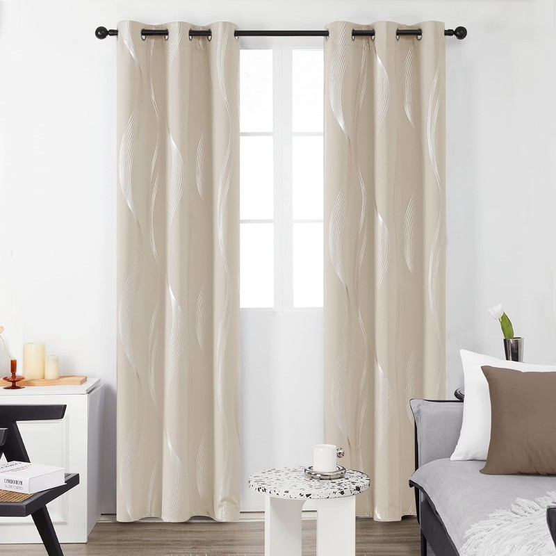 Deconovo Foil Print Blackout Curtains, Wave Striped Room Darkening Curtains,