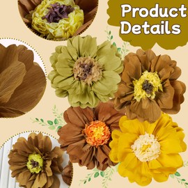 SUNBEAUTY 4 PCS 20" Brown Orange Giant Paper Flowers Baby Shower Party Decorations Fall Large Tissue Crepe Boho Groovy Floral Retro Autumn Paper Flowers for Wall Birthday Wedding Garden Outdoor Table