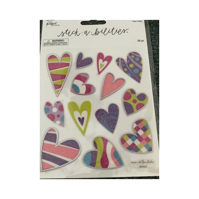 THE PAPER STUDIO STICKABILITIES STICKERS 2 SHEETS MULTI-COLOR HEARTS 26PCS