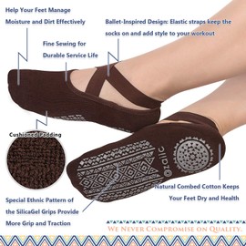 Yoga Socks for Women Non-Slip Grips & Straps, Ideal for Pilates, Pure Barre, Ballet, Dance, Barefoot Workout (4 Pairs-Coffee/Green/Black/Gray, One Size (Women 5.5-11))