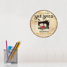 Wood Wall Clock Non-Ticking Quartz Battery Operated Sewing Machine Welcome to My She Shed Vintage Wall Clocks Quilting Lady Grandma Quilters Wall Decor for Entryway Kids Room Daycare 10 Inch