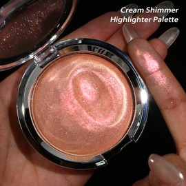 Pink Shimmer Highlighter Makeup, Natural Peach Blush Highlight Palette, Silky Cream Blendable Face Highlight Makeup High-Pigment Waterproof Glitter Glow Everyday Body Highlighting for all Skin#0.56oz