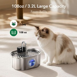 Stainless Steel Cat Water Fountain 108oz/3.2L:Battery Operated Wireless Cat Fountains for Drinking Indoor, Automatic Pet Water Dispenser with Ultra Quiet Pump,Multi-Filtration,Easy Clean BPA-Free
