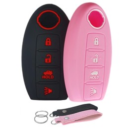 Silicone Key Fob Cover Remote Keyless Case Protector Compatible with Nissan 350Z 370Z Altima Armada GT-R Maxima Murano Pathfinder Rogue Select Sentra Titan Versa Note Xterra (4 Buttons Black & Pink)