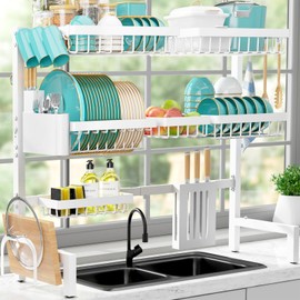 Sakugi Dish Drying Rack - Large Over The Sink Dish Drainer Drying Rack (31.5" to 39.5" W), Large Capacity Stainless Steel Dish Rack, Multifunctional Kitchen Organizers and Storage Rack, White