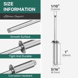 EASTPUK 150 Pcs 3/16" x 1" Aluminum Blind Pro Rivets, 5 x 25mm Pop Rivets, 3/16 Rivet Aluminum Grip and Steel Mandrel