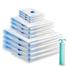 rietegio 10 Pack Space Saver Bags (4 Large + 3 Medium + 3 Small) Heavy Duty Compression Vacuum Storage Bags with Zips for Clothes Duvets Bedding Vacuum Seal Bags with Pump for Vaccine Suitcases Moving