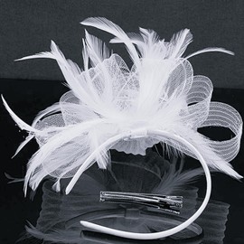 ISLHJDD Women's Fashion Headbands Ladies Fascinator Aliceband Weddings Hairband for Weddings Tea Party Church Elegant Mesh Feather Bridal Headpiece (White)