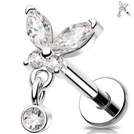 MeIighting 16G Internally Threaded Butterfly Helix Stud Stainless Steel 316L Flat Back Earring 6 mm Cartilage Earring Dangle Clear CZ Tragus Earring for Women