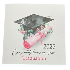 Graduation Card - with text Congratulations on your graduation 2025 with pink scroll, 6 x 6 inches, 300gsm, Linen Effect, ideal for female friend or relation, daughter, sister, granddaughter