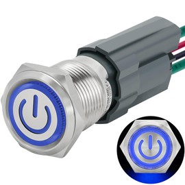15Amp 16mm Latching Push Button Switch IP67 Waterproof, SPST 1NO, with LED Angel Eye Light, Stainless Steel 304 with Wire Socket Power Button 5/8" 12V-24VDC