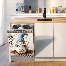 Generic Funny Gnome Coffee Dishwasher Magnet Covers, Retro Coffee Theme Kitchen Decor Magnetic Stickers, Vintage Coffee Beans Cafe Design Home Appliances Fridge Decorative Panels Decals 23Wx26H