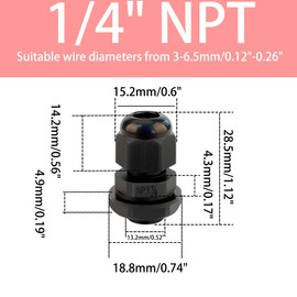 ZCLGOOD 10PCS 1/4" NPT Black Cable Glands, IP68 Waterproof Nylon Strain Relief Cord Grips, Adjustable 3-6.5mm Wire Connectors with Rubber Gaskets & Locknuts for Junction Box Electrical Fittings