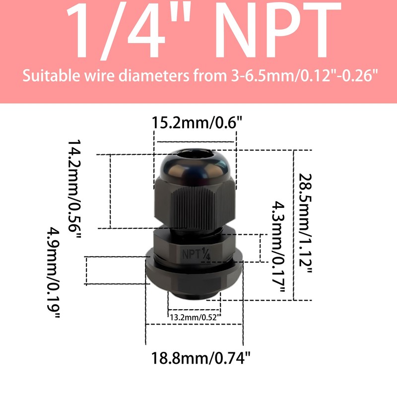 ZCLGOOD 10PCS 1/4" NPT Black Cable Glands, IP68 Waterproof Nylon