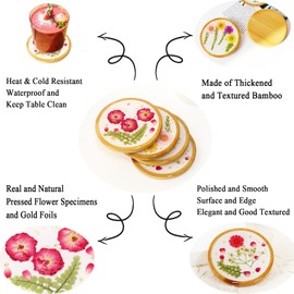 CXUEMH 4 Pcs Wooden Bamboo Coasters Hand Crafted Floral Drink Coasters, Resin Coasters with Colorful Pressed Flowers Cute Coaster Set Flower Cup Mat for Tabletop