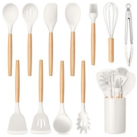 TeamFar Cooking Utensils Set, 12 Pcs Silicone Kitchen Gadgets Utensil Set for Nonstick Cookware with Wooden Handle, Spatula Spoon Turner, Non-Toxic & Non-Stick, White