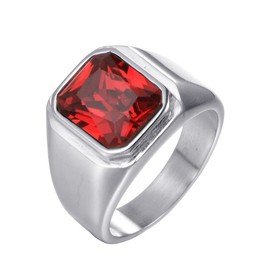 HIJONES Mens Stone Ring Stainless Steel Large Square Zirconia Vintage Statement Rings Red Gemstone Size Z+1
