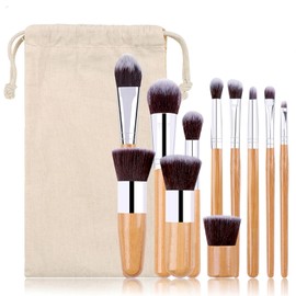 MIST JEWEL | Set Brochas de maquillaje bambu orgánicas estilo Kabuki ecologicas para maquillaje profesional kit (makeup brush set) | Aplica Polvos, Base, Blush en cara y ojos 11pcs (Bambú)