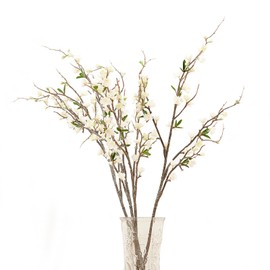 Yaqulen 4Pcs Artificial Plum Blossom Fake Silk Cherry Blossom Branches Flowers for Tall Vases, Faux Long Stems Wintersweets Arrangement for Wedding Home Office Bedroom Spring Party Decor (White)