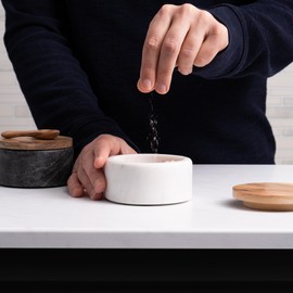 Cork & Mill Grey Marble Salt Cellar with Acacia Wood Lid and Spoon - Elegant Modern Salt Container for Countertop - Handcrafted Pepper Pot - Wide 4” Pepper Holder with Non-Skid Feet