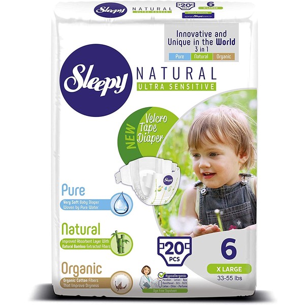 SOHO|Sleepy Natural Baby Diapers, Made from Organic Cotton and Bamboo Extract, Ultimate Comfort and Dryness, Disposable Diapers (Size 6 | 20 Count | Child Weight 33-55 lbs)