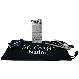 DC Crafts Pipe Bag with IM Corona Old Boy Pipe Lighter - Includes Czech Pipe Tool, & 5 Pack of IM Corona Flints - (Antique Silver Hammer Tone)