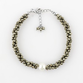CRYSTALIS Natural Pyrite Beads Twisted Rope Bracelet with Elegant Pearl, High Grade Gemstones, Chakra Healing Stones, Gift Giving Womens Jewelry, 925 Sterling Silver Bracelet 8 inch