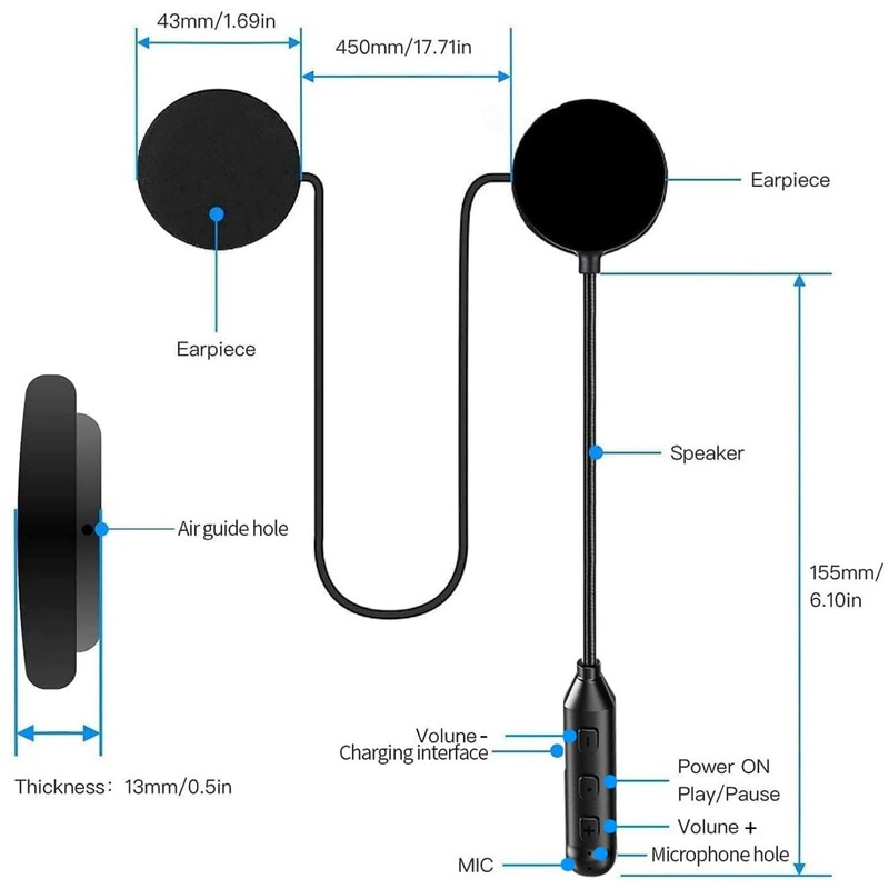 Motorcycle Helmet Bluetooth Headset Speakers with Good Sound,Loud,50 Hours Use,Large
