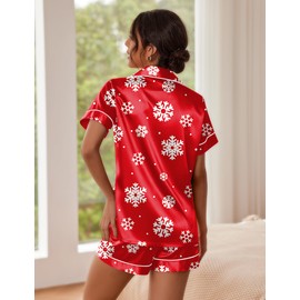 Ekouaer Satin Pajamas Women's Short Sleeve Sleepwear Soft Silk Button Down Loungewear Pjs Shorts Set Pink Christmas Snow,Medium
