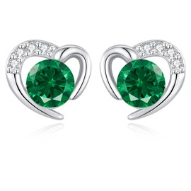 Silver Stud Earrings for Women Girls, Dainty Silver Heart Emerald Cubic Zirconia Stud Earring Jewellery Gift for Mum Wife Her Birthday Mother's Day Valentines Day Christmas