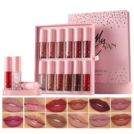 Welhammsae 12 Colors Matte Liquid Lip Gloss Set, Nude Glitter Lipstick Lip Gloss with Case, Makeup Set Velvet Matte Long Lasting Waterproof Non-Stick, High Pigment Lip Makeup For Women Girls