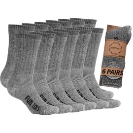 FUN TOES Men's Hiking Crew Merino Wool Socks 6 Pairs Lightweight, Reinforced Size 8-12 (Blue)