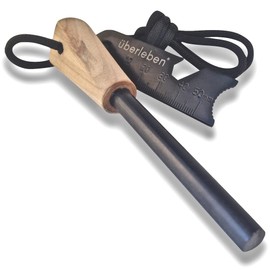 überleben Zünden Fire Starter - Traditional Ferro Rod, Handcrafted Wood Handle - 5/16", 3/8", & 1/2" Thick Fire Steel - 12,000-20,000 Strikes - Survival Igniter with Neck Lanyard & Multi-Tool Striker