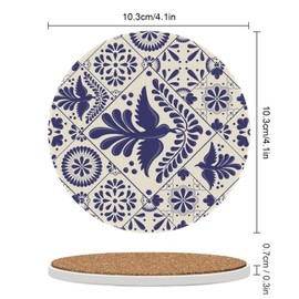 ZHONGJI Coasters for Drinks Absorbent Round Mexican Talavera Style Birds Blue Ceramic Stone Anti Scratch Cork Housewarming Gifts Wedding Living Room Office Decoration Bar 3.9Inch Set of 1