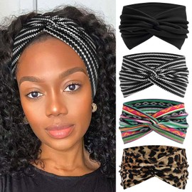 STGDAK 4 Pack Wide Headbands for Women Cute Boho Headband Stripe Knotted Turban Head Bands Soft Hair Wraps African Head Scarf Fashion Turban Hairband Large Scarf Headband For Women’s Hair Accessories