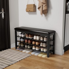 AQIMUELE Shoe Bench with Leather Cushion, 3 Tiers Shoe Storage Bench Height Adjustable, Walnut Wood Entryway Bench for Hallway, Mudroom