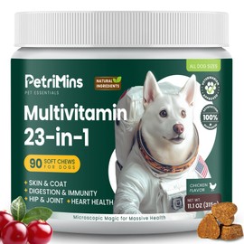 PetriMins 23-in-1 Dog Vitamins Supplements, Multivitamin Treats for Dogs with Glucosamine & Omega-3, Comprehensive Support for Hip & Joint, Digestion, Immune Health, Skin, Heart - 90ct, Chicken