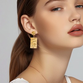 Frigotine Chunky Gold Rectangle Drop Dangle Earrings for Women, Vintage Trendy Statement Hammered Disc Geometric Square Earing Prom Fashion Jewelry Gift