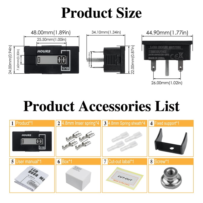 Jayron Resettable Hour Meter Gauge (AC 6-85V/DC 6-60V) Snap-in Design