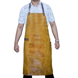 Premium Dual-Tone Yellow Leather Apron 36"x26" – Vintage Heavy-Duty Work Apron with Adjustable Straps, Brass Hardware & Tool Pockets – For BBQ, Bartending, Blacksmithing & Woodworking