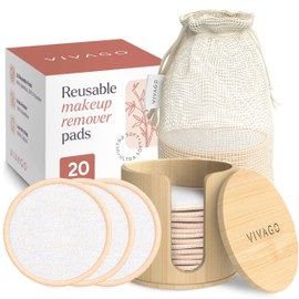 VIVAGO Reusable Cotton Rounds for Face - (20 Pack) Soft Reusable Makeup Remover Pads with Washable Drawstring Laundry Bag & Bamboo Holder - All Skin Type Skincare Set Facial Cleaning Cloth