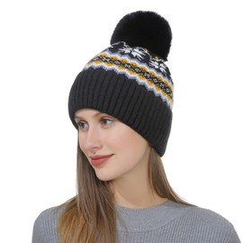 Belle Dame Winter Beanie Hat for Women Knit Snowflake Hat Faux Fur Pompom Hat Fleece Lined Toque (HT504-BK)