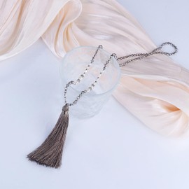 Kelitch Bohemian Natural Fresh Water Pearl Crystal Bead Tassel Necklace Long Y Chain, Silver Plated, dark grey