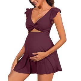 Charmo Ruffle Ribbed Maternity Swimsuit One Piece Cutout Pregnancy Bathing Suits Push Up Twisted Swimwear Swim Dress Dark Red XL