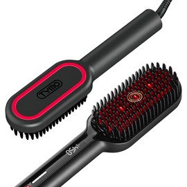 TYMO Hair Straightener Brush - Upgraded Ionic Plus Straightening Brush with Dense Bristles, 16 Temps, Dual Voltage | Ceramic Hot Comb for Women | Flat Iron for Thick Curly Hair, Black