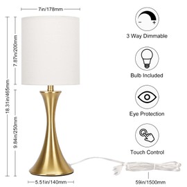 Gold Bedside Lamp Touch Control Table Lamp for Bedroom, 3-Way Dimmable Nightstand Lamp with Linen Shade, Modern Table Lamp for Living Room, Minimalist Desk Lamp for Dorm, Home, Office, Bulb Included