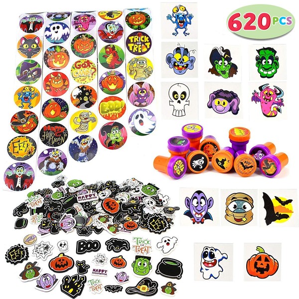 JOYIN Over 600 Pieces Halloween Craft Assortment Kit Including Halloween Temporary Tattoos Halloween Stickers, Halloween Stampers Foam Stickers for Halloween Party Faovrs Halloween Craft Supplies