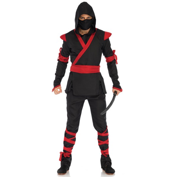 Leg Avenue Men's 5 Pc Ninja Costume with Shirt, Pants, Belt, Face Mask, Hood, Black/Red, Small/Medium